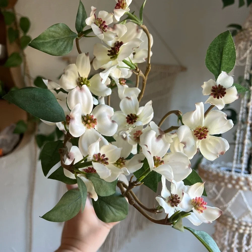 Faux Dogwood Flower Arrangement | White Silk Flowers in Glass Vase Home Decor